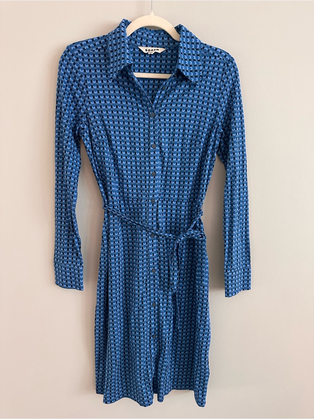 Boden Jessie Jersey Shirt Dress Blue Geometric Print Long Sleeve Size 6 Long